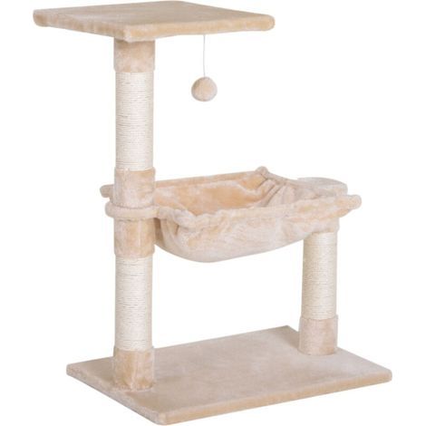 Cat tree with 3 scratching posts, natural sisal, platform, hammock and hanging ball, dimensions 50L x 36W x 70H cm, short beige plush (1/5)
