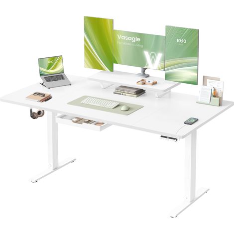 Bureau Électrique Réglable en Hauteur, 160 x 80 cm, Support d'Écran à Montage Flexible, Tiroir, Port USB-C, Rappel de Sédentarité, pour Télétravail, Blanc Nuage LSD156WB01 (1/5)