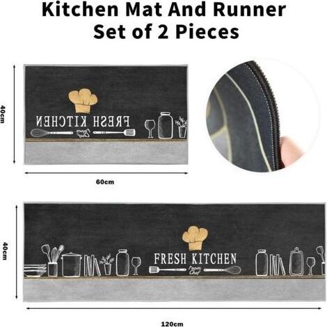 Set mit 2 waschbaren Küchenmatten - Muster: rutschfeste Küchenmatte - Für Küche, Esszimmer, 40 x 120 cm + 40 x 60 cm (Kochmütze) (1/4)
