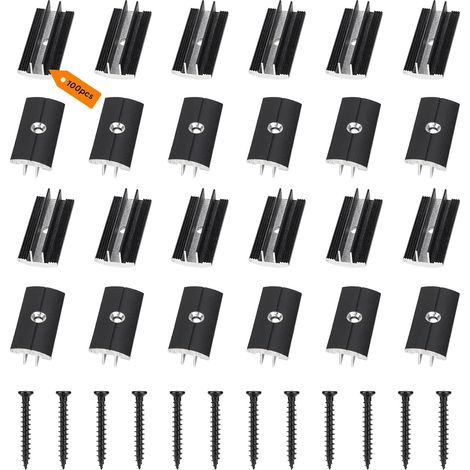 100 x Black Plastic Wood Flooring T-Clips for Decking Boards 6 mm Spacing Hidden Spacers with 100 Screws for WPC/BPC Boards Composite Boards (1/5)