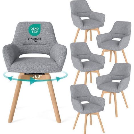WAFTING Lot de 6 Chaise Salle à Manger Pivotante à 360°, Chaises de réception en Chenille et Bois Massif, Gris Clair (1/5)