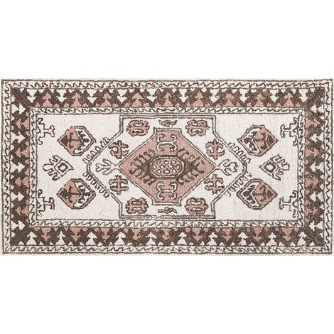 Alfombra de lana blanco marrón rosa 80 x 150 cm oriental hecho a mano Tomarza