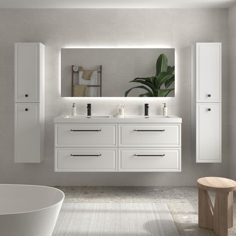 Mueble de Baño RUNA 140cm Blanco Mate 4 cajones Lavabo Toscana 2 pozas Carga Mineral (1/5)