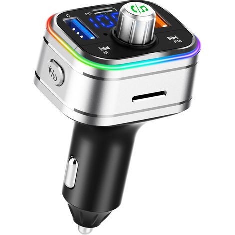New car charger with Bluetooth FM transmitter, hands-free calling, PD fast charging, voice assistant, ambient lighting, and voltage detection. (1/4)