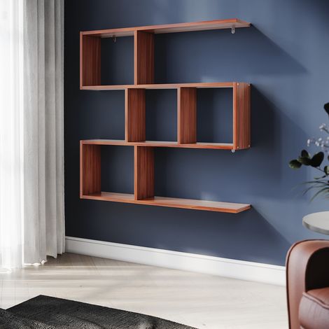 Elegant 3 Tier Floating Wall Mounted Walnut Wood Bookcase Home Office with Wheels 815mm (1/5)