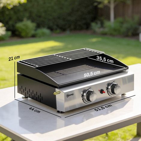 Barbecue à gaz 5 kW, barbecue de table portable avec 2 brûleurs, revêtement céramique, grille de cuisson et grille de maintien au chaud. (1/5)