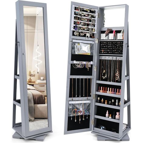 COSTWAY Armadietto Portagioielli Autoportante Girevole con Specchio, Specchio a Figura Intera Organizzatore per Gioielli, Porta Richiudibile a Chiavi (39 x 39 x 161 cm,Grigio) (1/5)