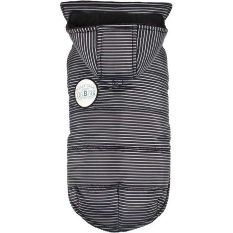 28 cm: Giubbotto per cani modello Raye imbottito nero a righe con cappuccio removibile