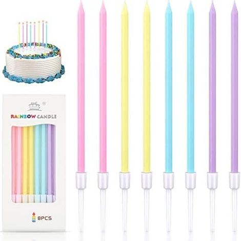 Couleur Arc en Ciel Bougies, Longue Minces Bougies d'anniversaire avec Support, Bougies de Gâteau pour Décoration de fête de Gâteau de Mariage d'anniversaire (1/5)