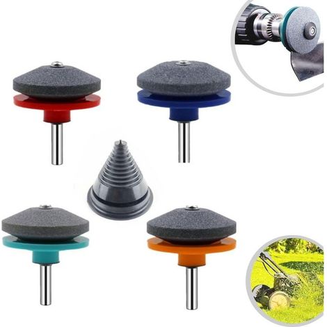 Lot de 4 aiguiseurs de lames de tondeuse à gazon émoussées pour perceuse manuelle électrique, outil d'affûtage universel résistant à l'usure pour tondeuse à gazon avec équilibreur de lame (1/5)