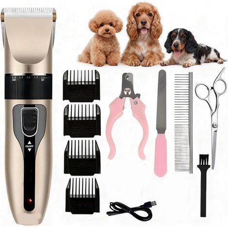 Kit de toilettage rechargeable pour animaux de compagnie 11 pièces - Tondeuse à cheveux électrique silencieuse (1/5)