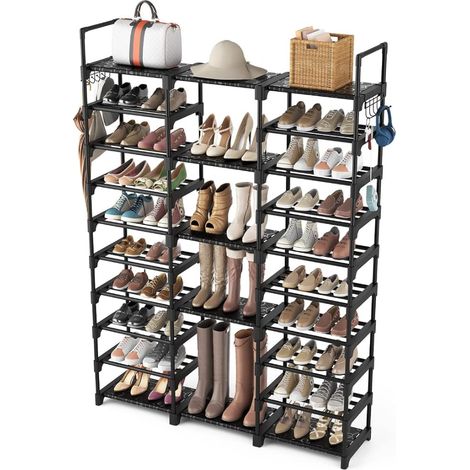 Étagère à Chaussures en Métal Rangement de Chaussures avec Crochets pour Entrée Salon Chambre Noir (1/2)