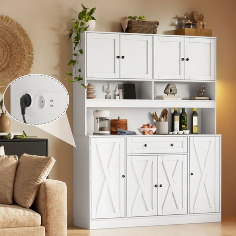 Buffet de cuisine 140x40x185 cm avec plan de travail, raccordement électrique et rangement, MDF blanc (1/5)