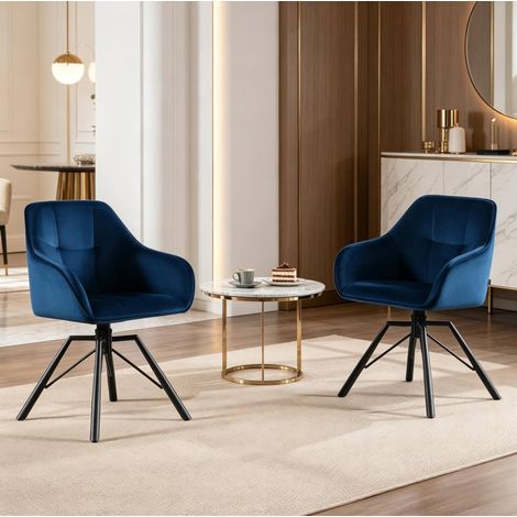 Lot de 2 chaises de salle à manger pivotantes 360° en velours bleu avec accoudoirs et pieds en métal (1/5)