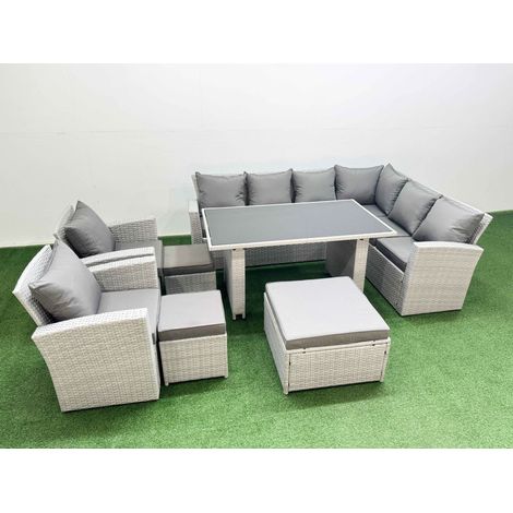 Fimous Outdoor Garden Furniture Sets 11 Seater Wicker Rattan Corner Sofa Sets with Rectangular Dining Table Lounge Sofa 3 Footstools Light Grey (1/4)