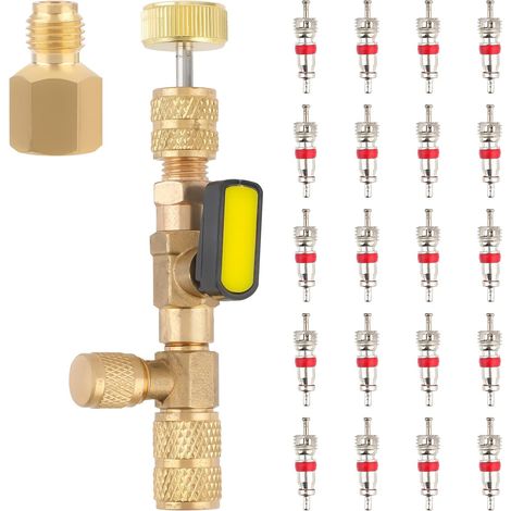 Outil d'Installation et de Retrait de Noyau de Valve, avec Double Taille, Port SAE 1/4 et 5/16 Adaptateur en Laiton avec 20 Pièces Noyaux de Valve pour R22 R410A Systèmes de Réfrigération (1/5)