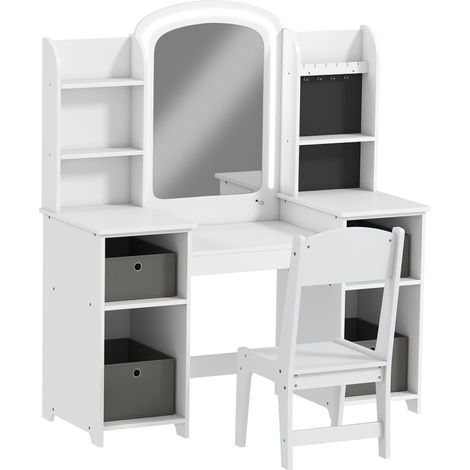 Toeletta per bambini con sgabello e specchio LED 104 x 40 x 112 cm con vani portaoggetti e ganci per gioielli moderna in MDF bianco 210000270