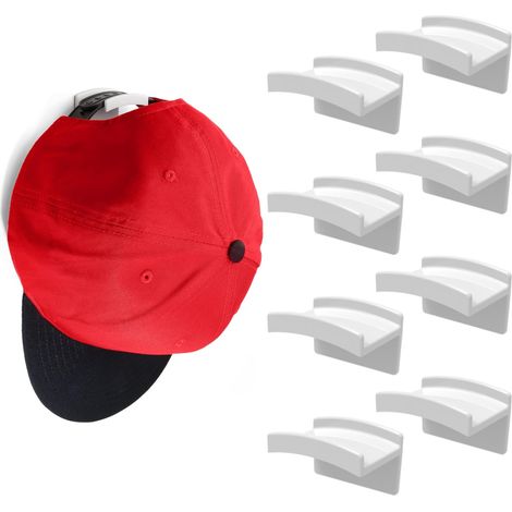 Crochets adhésifs pour chapeau pour mur (paquet de 8 - blanc) - Conception minimaliste de porte-chapeau, pas de perçage, cintres à bonne tenue (1/5)