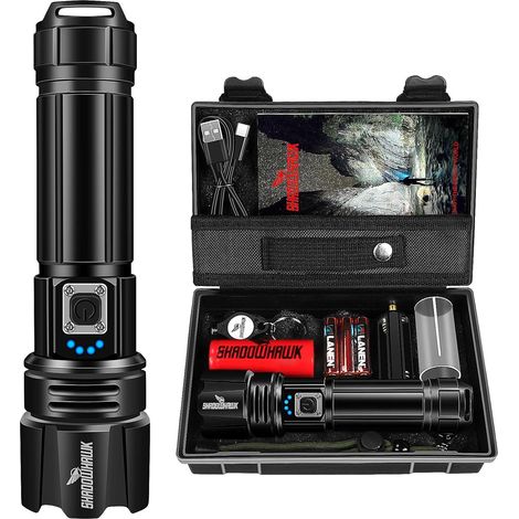 Lampe Torche LED Ultra Puissante, 1,000,000 Lumens Lampe de Poche Rechargeable, Lampe Tactique XHP70.2, IP67 Étanche 5 Modes D'éclairage pour Camping Randonnée Urgence