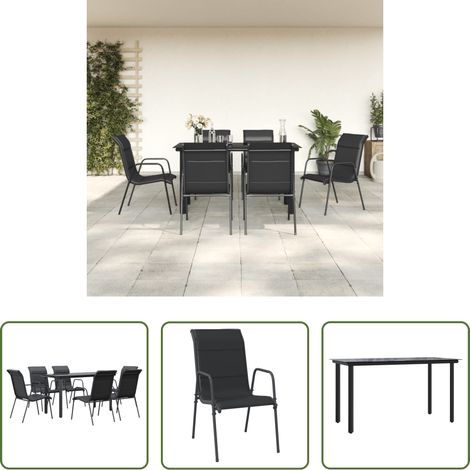 Chaises de jardin - Ensemble à manger de jardin 7 pcs noir textilène et acier (1/5)