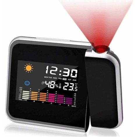 Réveil à projection, calendrier à écran couleur, station météo personnelle pour chambre à coucher, projecteur à intensité variable, double alarme, affichage LCD, date, heure, température, humidité.,TR (1/5)