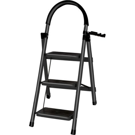 Professionelle 3-stufige Klapptrittleiter, Klapptrittleiter mit rutschfester und breiter Stufe, mit Griff, Sicherheit – Ideal für Bau, Malerarbeiten und Renovierung – Schwarz