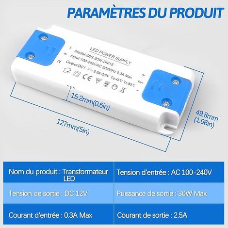 30-W-LED-Transformator, 220–240 V Eingang, 12 V DC 1,5 A Ausgang, Konverter für MR16-, G4-, GU5.3-, GU4- und MR11-Lampen (1/4)