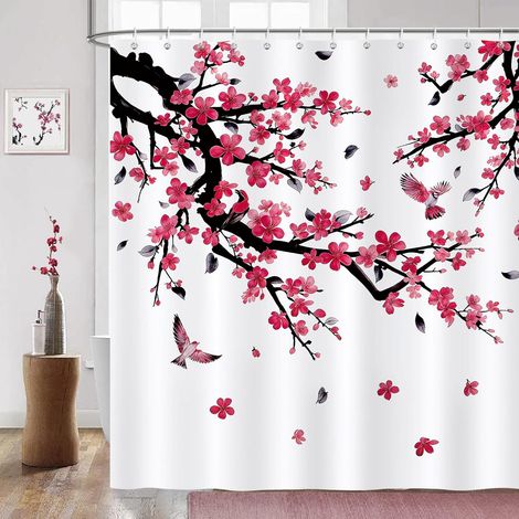 Rideau de Douche Fleur, Rideau de Baignoire Rose Rouge Prune Fleur Oiseaux 180 x 180 cm Polyester Imperméable Résistant à la Moisissure 12 Crochets (1/5)