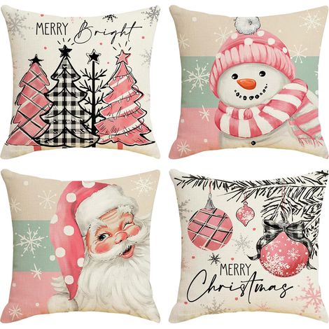 Juego de 4 fundas de almohada navideñas de 45 x 45 cm, de lino. Ideales para sofás, sillones, camas, escritorios, exteriores e incluso para el campo. (1/5)