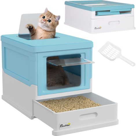 Litière chat fermée PP pliable avec palette 2 portes plateau amovible entretien facile 47,5x35,5x36,7 cm, bleu clair