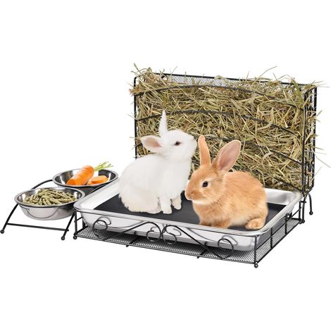 3 en 1 Mangeoire à Foin pour Lapin avec Bac à Litière, Mangeoire à Lièvre en Métal avec Toilettes et Bols, Porte-Foin pour Petits Animaux pour Cochon d'Inde Hamster Lapin (1/5)