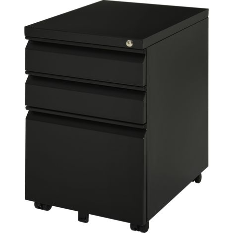 Caisson bureau mobile 3 tiroirs roulettes poignée concave acier noir 40x50x60cm