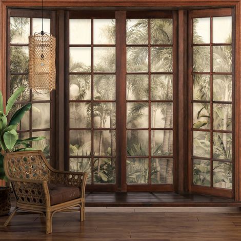 Papier peint panoramique Trompe l'oeil Fenêtre en bois - Forêt Tropicale - 130 cm x 104 cm (1/5)