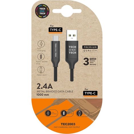 Cable negro nylon (usb-a a usb-c), 1m 2a tech one tech