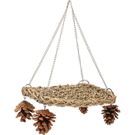 Balançoires en jonc de mer pour oiseaux, sûres et saines, fabriquées à la main, pour lutter contre l'ennui. Jouets muraux à mâcher pour oiseaux, avec chaînes et pommes de pin. (1/5)