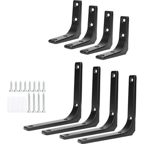 Lot de 8 supports d'étagère noirs en L pour étagères, supports muraux en métal robuste pour étagères murales, supports de planche en bois dans la cuisine, la maison et le bureau, avec vis (7,6 cm (1/5)