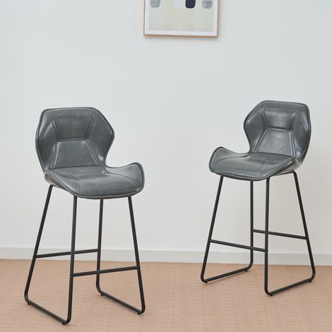 Ensemble de 2 tabourets de bar en similicuir, chaises de bar modernes avec dossier, structure en métal et repose-pieds, pour la cuisine, le comptoir, le bar et la salle à manger, gris
