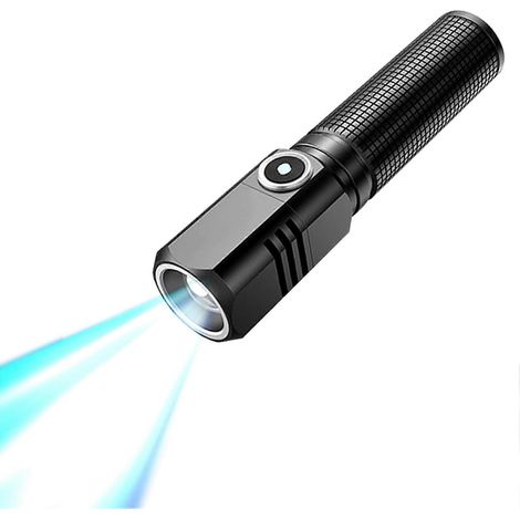 Lampe torche de poche compacte et fine avec batterie lithium-ion rechargeable intégrée, idéale pour les activités de plein air et le camping d'urgence.