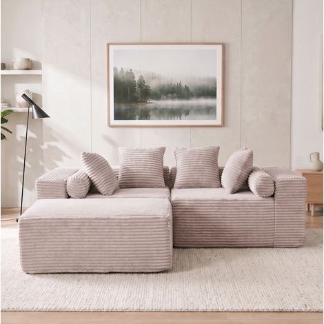 Canapé d'angle modulable 266x110x60 cm en tissu chenille beige, gain de place pour salon FloraGrace (1/5)