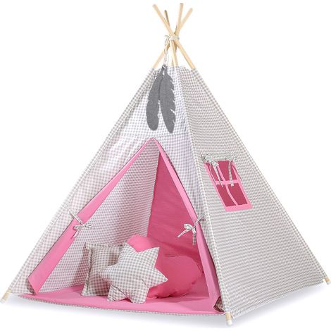 Tenda Tipi per bambini + materassino + pendenti di piume - Motivo a scacchi grigio e rosa (1/5)