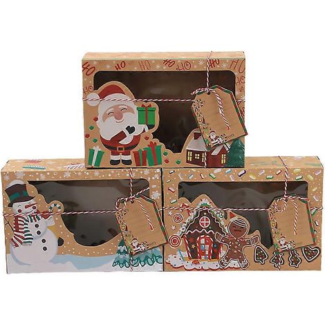 Lot de 3 boîtes en papier kraft pour ranger les bonbons de Noël, boîtes à biscuits avec fenêtre en PVC-2515cm
