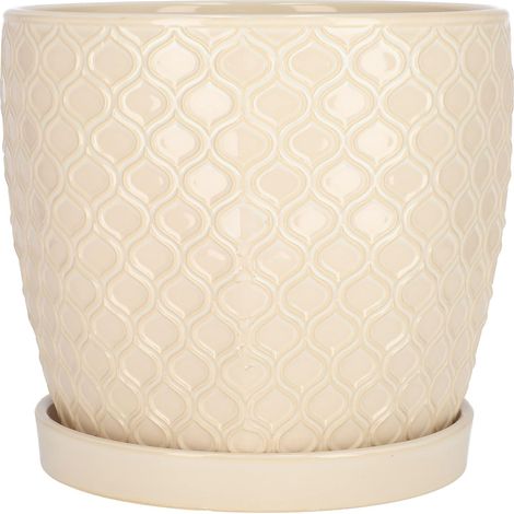 Pot de fleurs en céramique pour plantes Ø 20 cm Crème Vintage avec bac d'égouttement Motif écailles de poisson 20 cm (1/5)