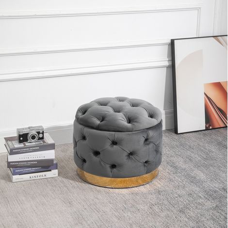Pouf de rangement vintage, 55 x 55 x 42 cm, en métal et mousse, gris charbon HAVRYA (1/5)