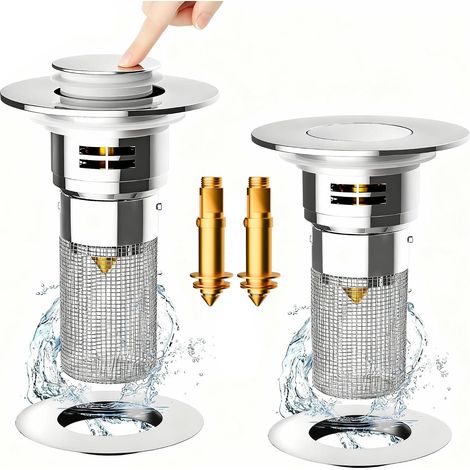 Bouchon Lavabo Salle de Bain 28-38mm Piège à Cheveux et Anti-Odeur, Pour Baignoire et Vasque, Panier Inox Amovible pour Vidange Pop-Up (1/5)