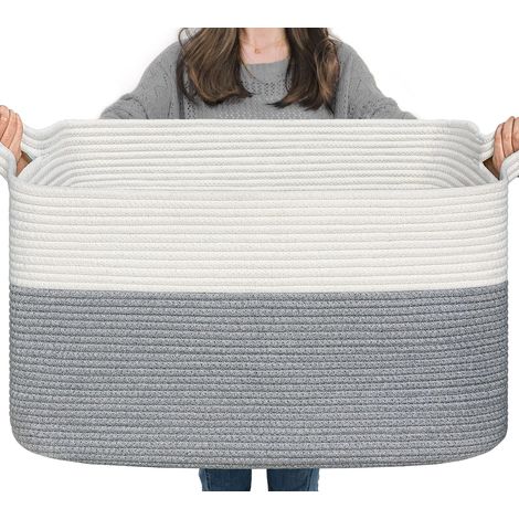Grand panier de rangement 65 L tressé – Blanc & Gris