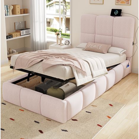 Kinderbett 90x200 mit hydraulischem Stauraum, Lattenrost und USB-C, rosa Samt HAVRYA (1/5)