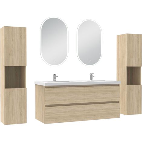 Océan ensemble meubles Salle de Bain 120cm colonne + vasque + miroir lumineux Chêne Wotan (1/5)
