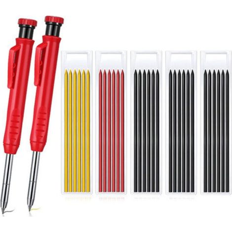 Ensemble de Crayon de Charpentier Mécanique, 2 Pièces Crayon Chantier et 18 Recharges, Crayon Menuisier avec Taille-Crayon pour Menuisiers et Maçons (Noir, Bleu) (1/4)