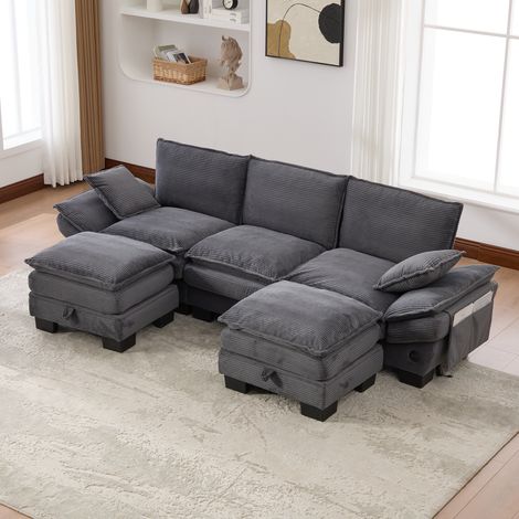 Canapé modulaire 3 places avec 2 tabourets, grande assise, ergonomique, mousse qualité, USB-C, compartiments latéraux, idéal salon bureau détente, gris foncé (1/4)