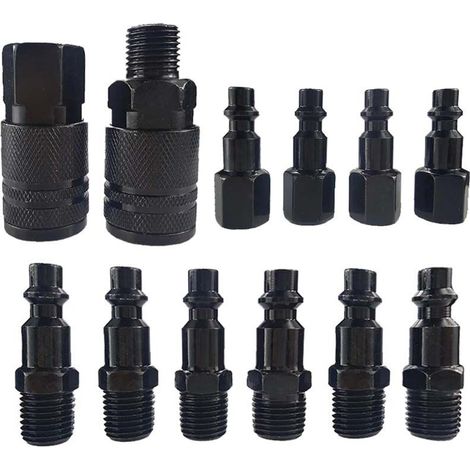 Juego de 12 conectores neumáticos NPT de 1/4", juego de conectores rápidos industriales tipo D, juego de conexiones para mangueras de compresores de aire (negro) (1/5)